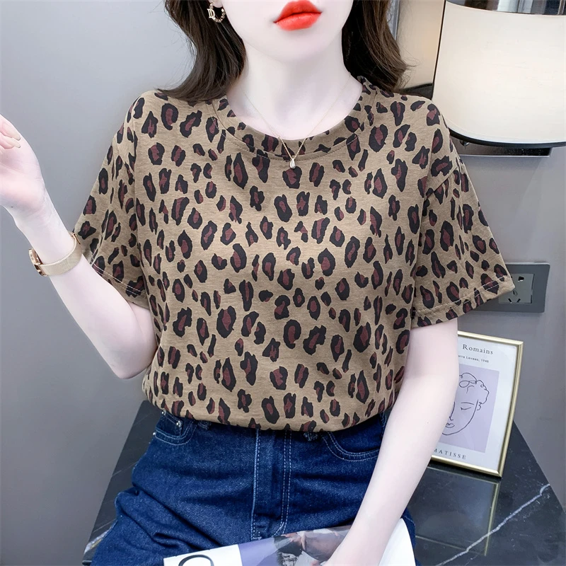 豹纹印花短袖t恤女2024夏季新款韩版宽松休闲圆领体恤洋气上衣