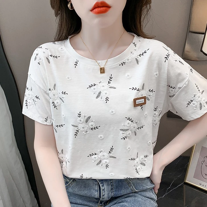 韩版短袖t恤女夏季新款圆领洋气印花体恤宽松时尚百搭碎花上衣服