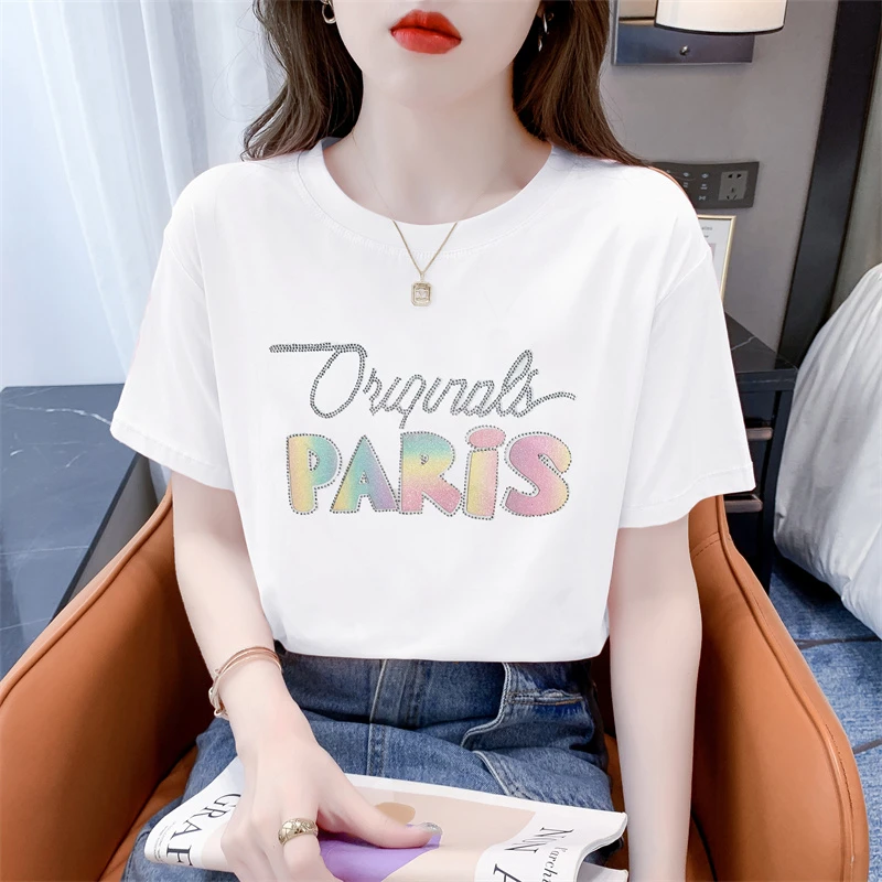 重工烫钻时尚白色t恤女短袖夏季新款宽松休闲洋气百搭圆领上衣