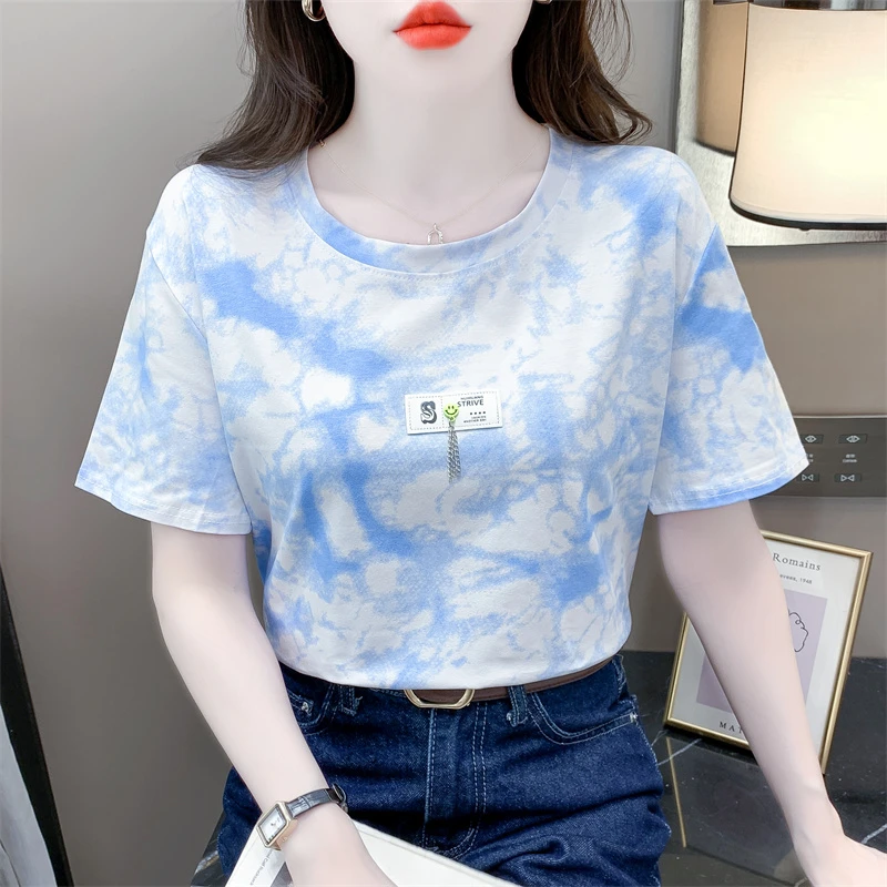 小清新蓝色短袖t恤女新款夏季女士宽松棉质体恤衫洋气百搭女上衣