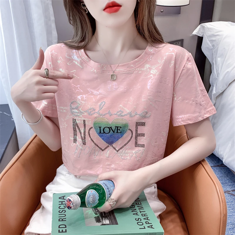 重工烫钻洋气短袖t恤女2025夏季新款宽松百搭白色体恤设计感上衣