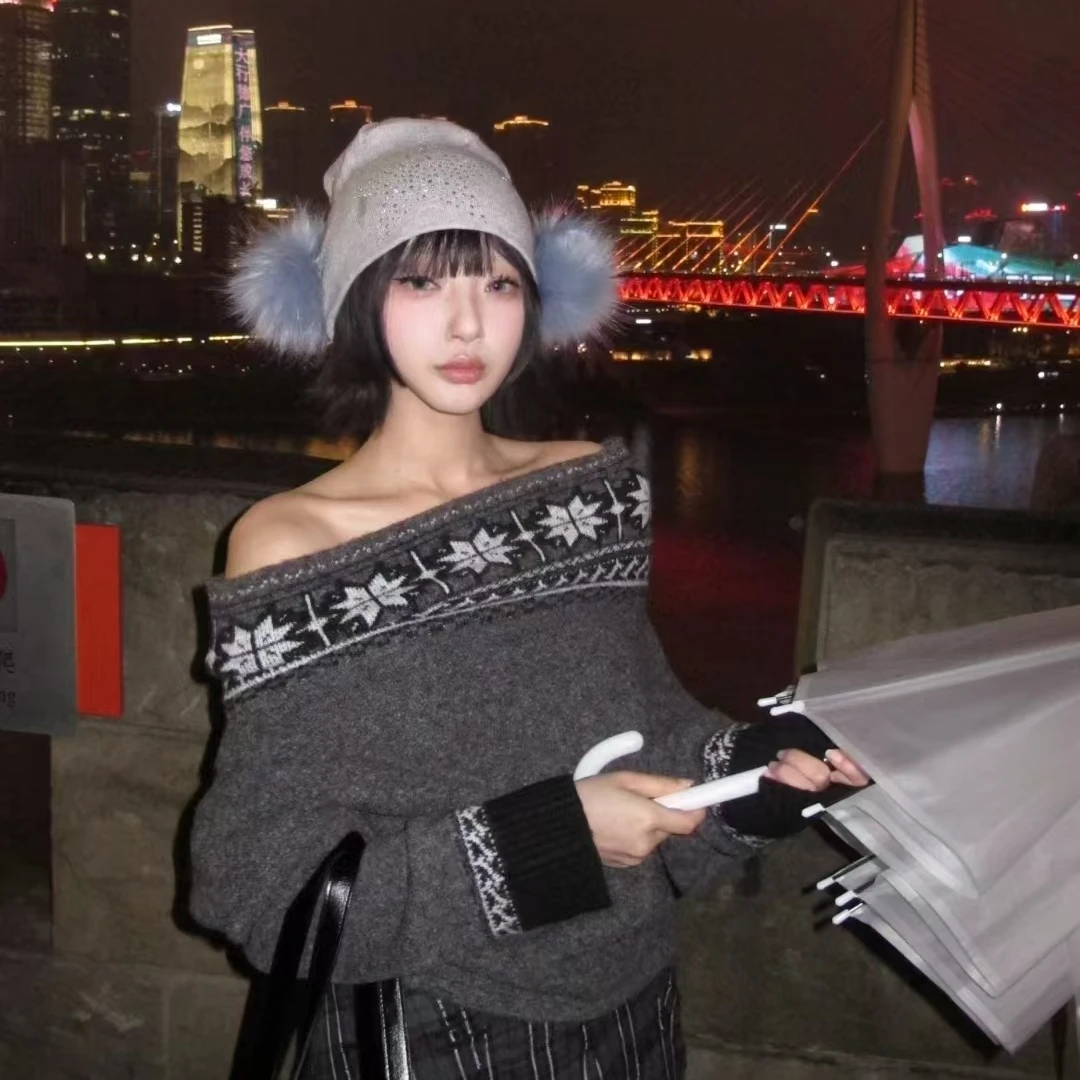 韩版灰色提花一字肩毛衣女秋冬季宽松显瘦慵懒风抗寒特厚版毛衣