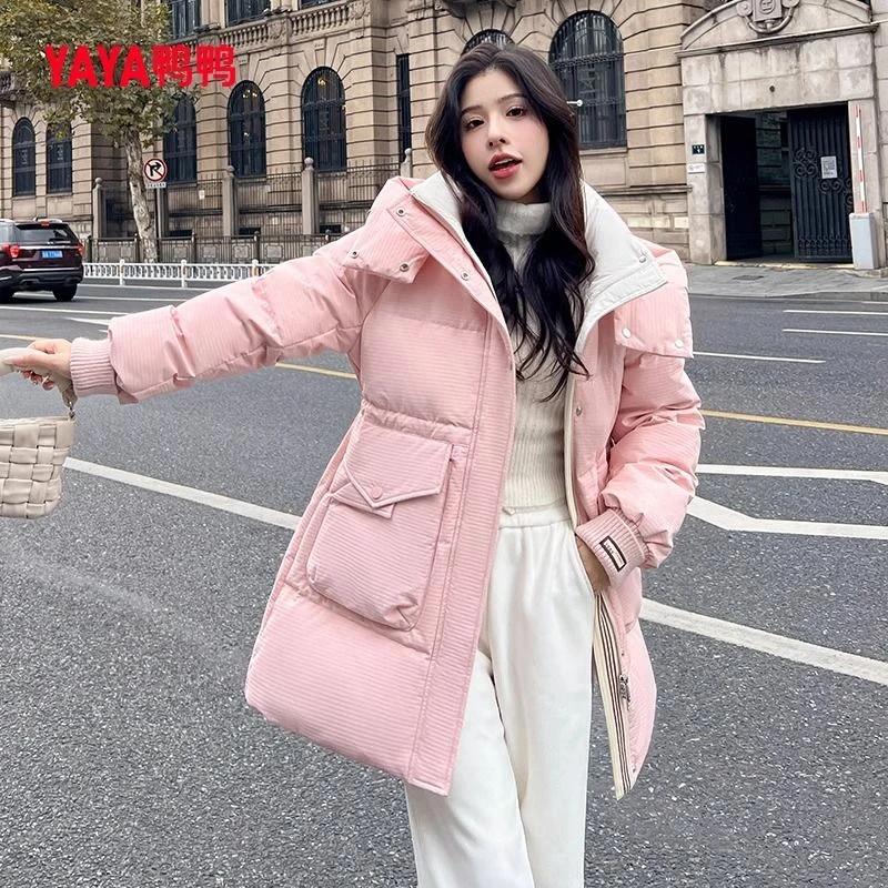 鸭鸭羽绒服女2024冬季新品中长款收腰百搭连帽鸭绒YE3B632743W