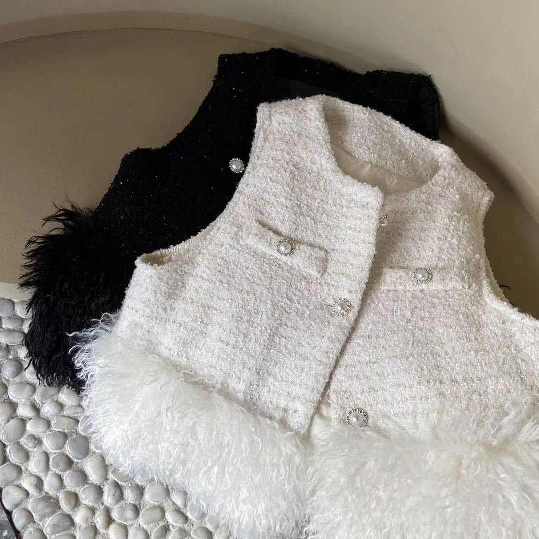 涵儿家 气质轻奢小香粗花呢拼接毛边羽羽马甲