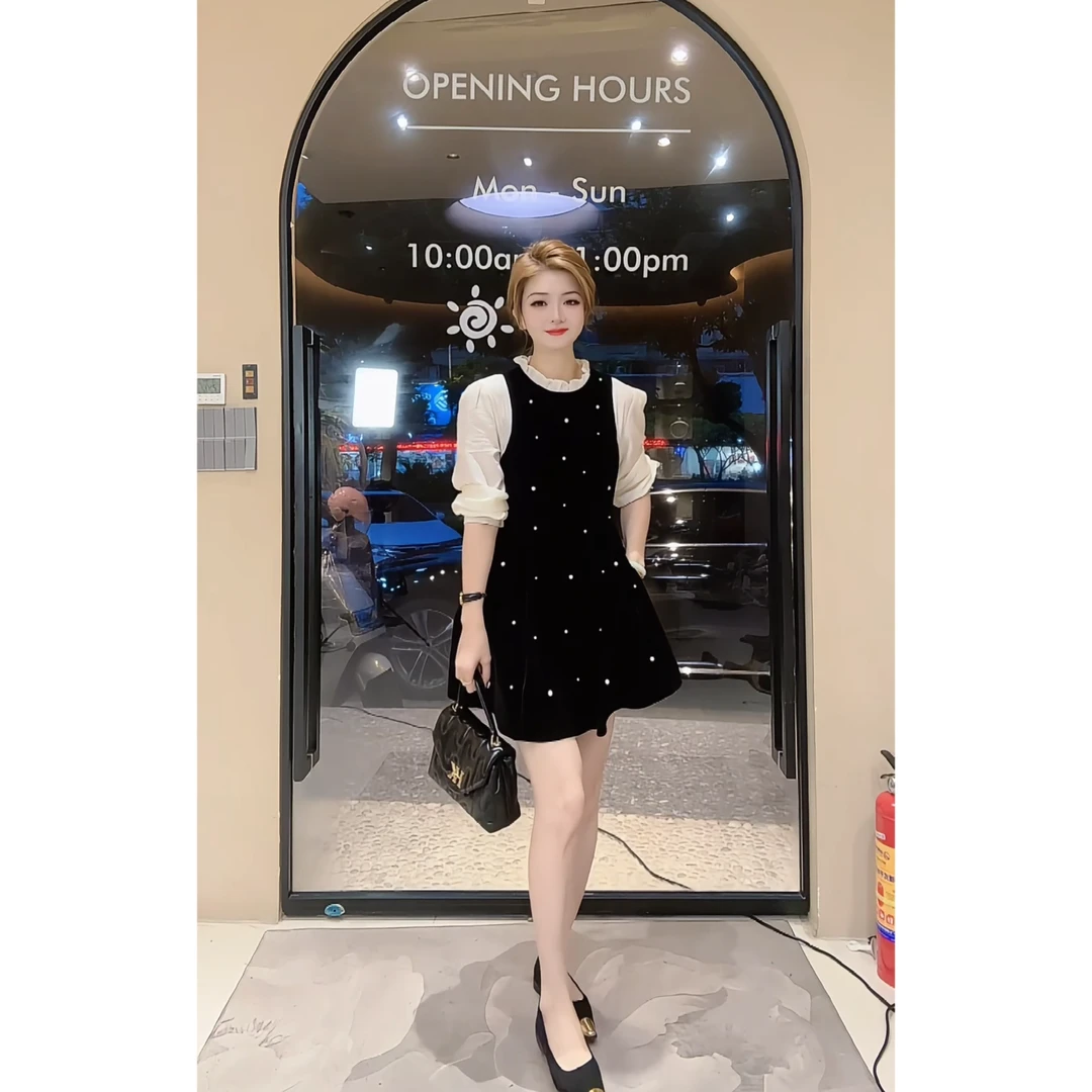 涵儿家   秋冬款法式宫廷风重工珍珠撞色丝绒修身连衣裙