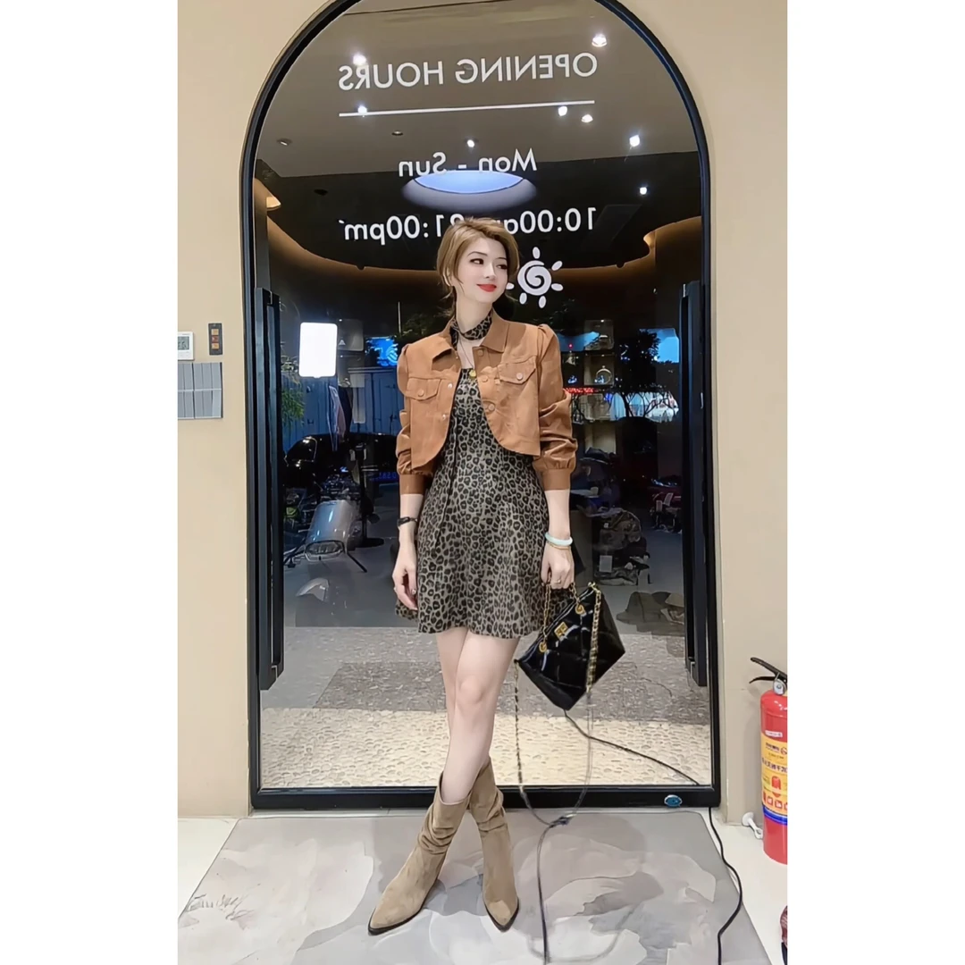 涵儿家 秋季复古机车翻领外套+辣妹豹纹吊带连衣裙两件套套装