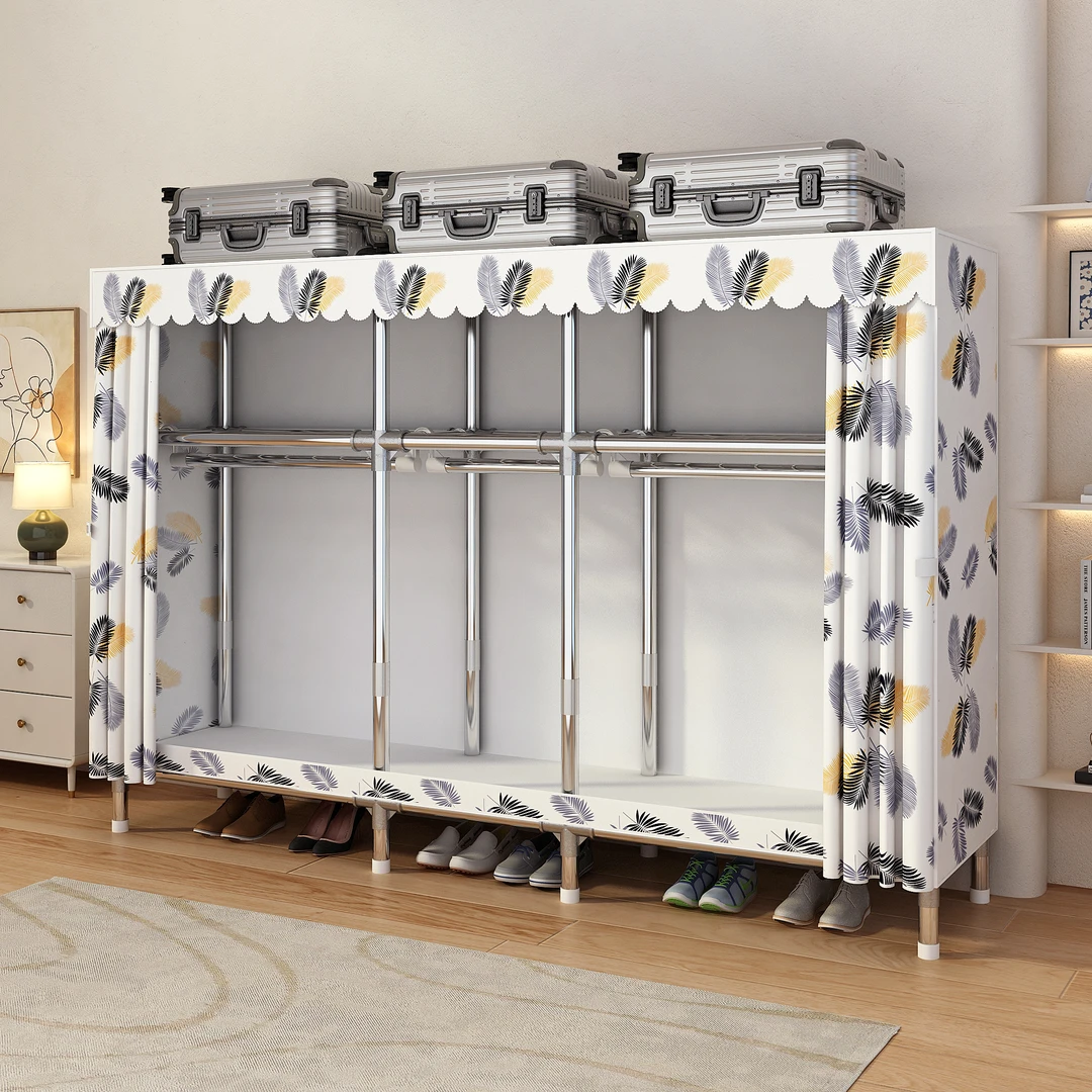 简易衣柜组装家用卧室布衣柜钢管加粗出租房全钢架落地防尘衣橱