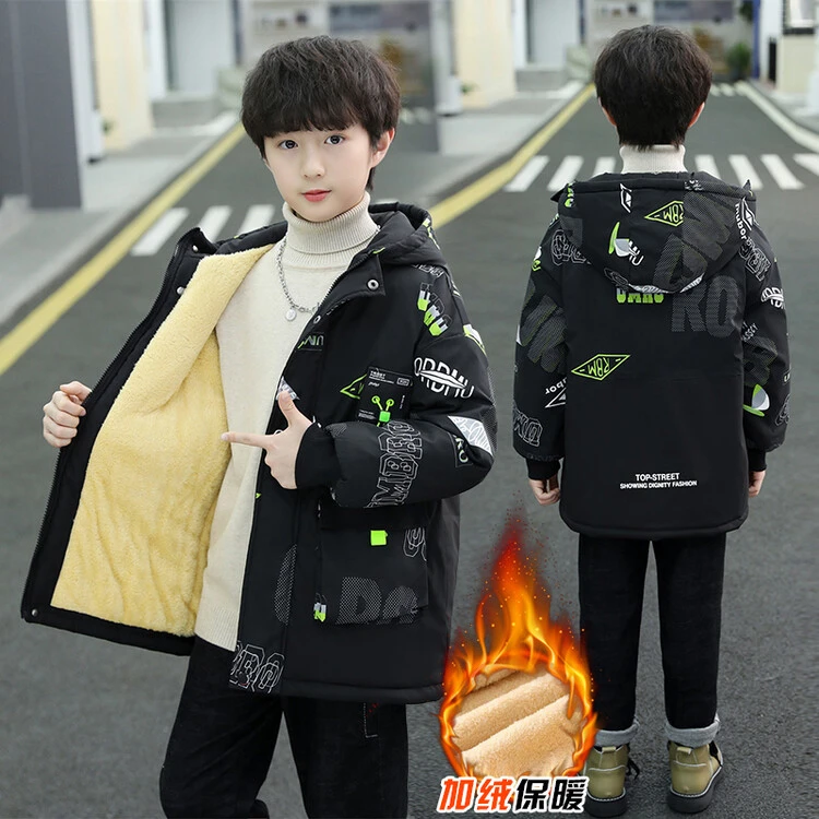 男童冬中大童棉衣外套2025儿童大童中长款棉服男孩帅气加绒派克服