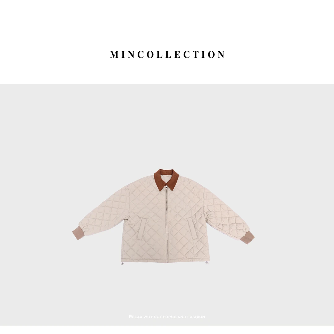 DE Mincollection翻领菱格棉服/缪系灯芯绒撞色绗线夹克式棉服