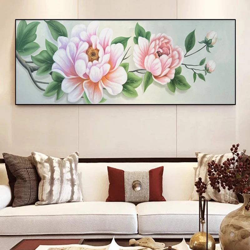 玉兰花纯手绘油画客厅沙发背景墙装饰画新中式挂画横版卧室床头画