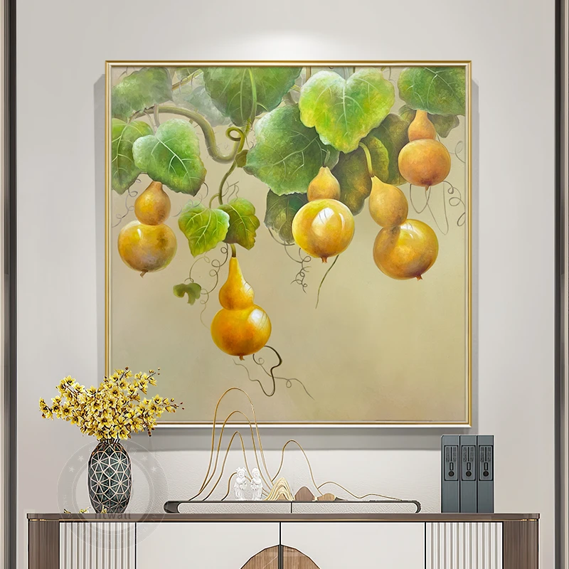 五福临门入户玄关装饰画新中式客厅餐厅挂画走廊过道手绘油画葫芦