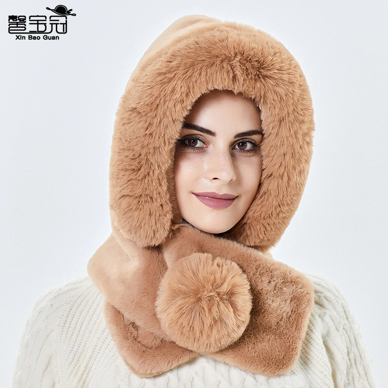 帽子女秋冬季保暖围脖毛绒围巾一体套头帽护耳防风骑行雷锋帽