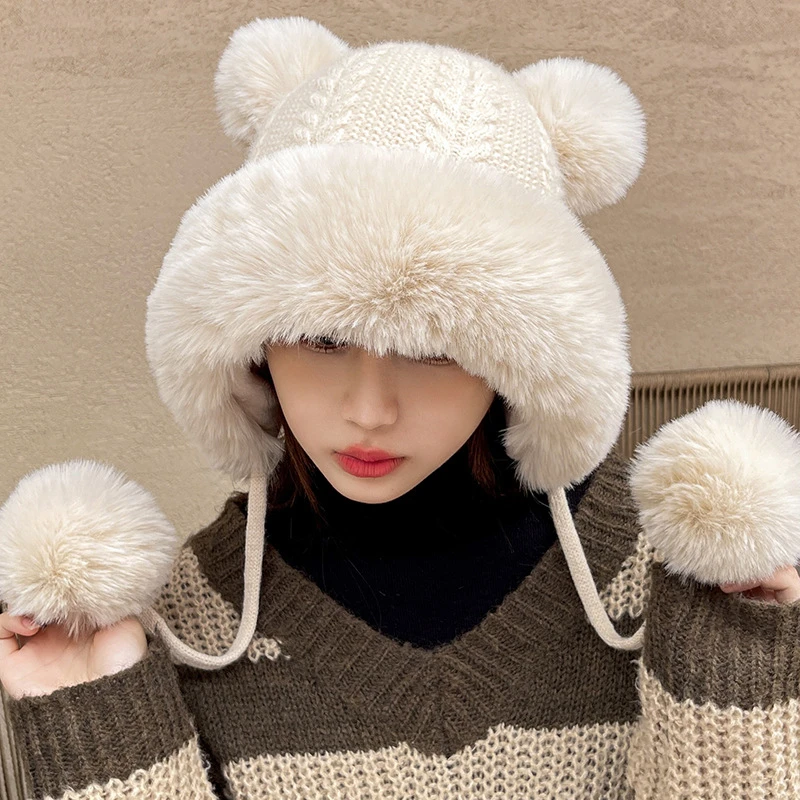 新款可爱小熊耳朵帽子秋冬季女款毛绒保暖护耳帽韩版针织帽
