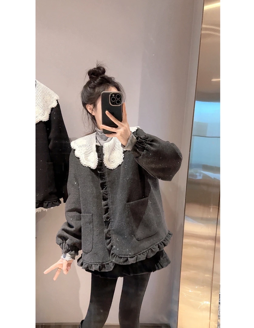 韩系复古毛织娃娃甜美亮片保暖羽绒外套