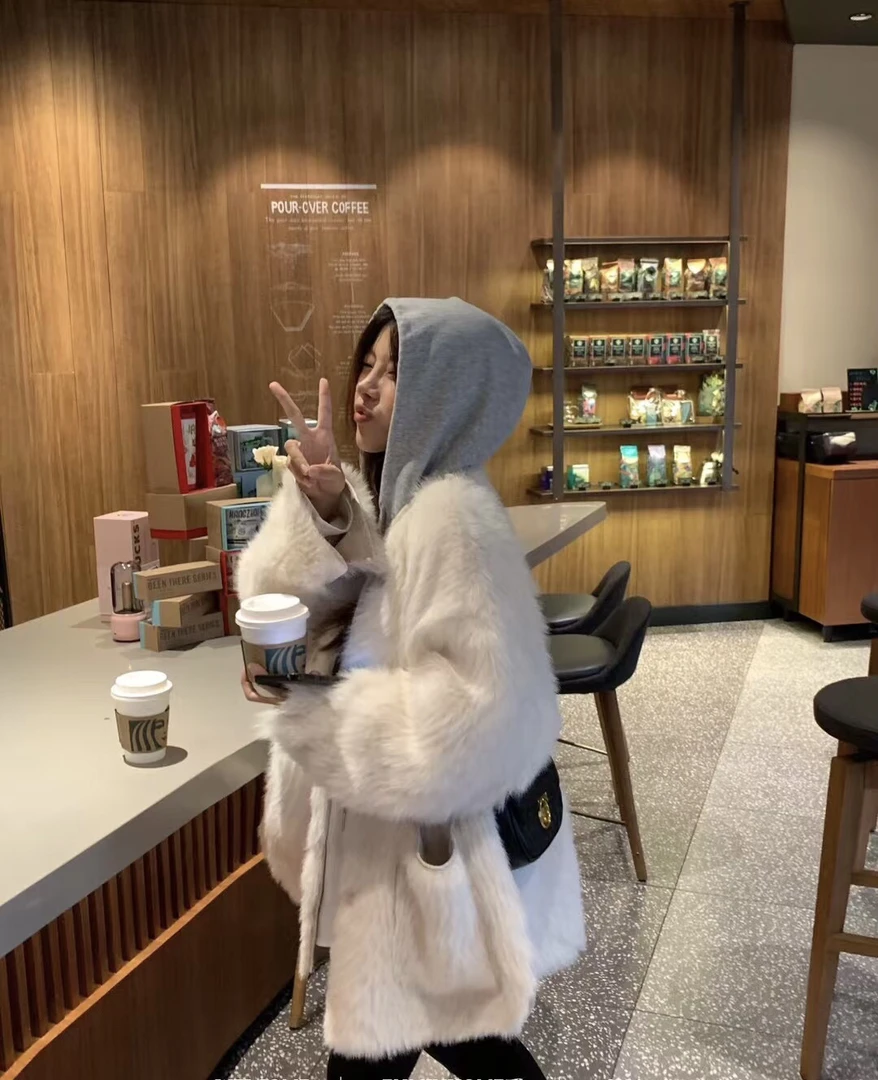 【露露】2024冬韩版超洋气大版加厚毛毛连帽外套