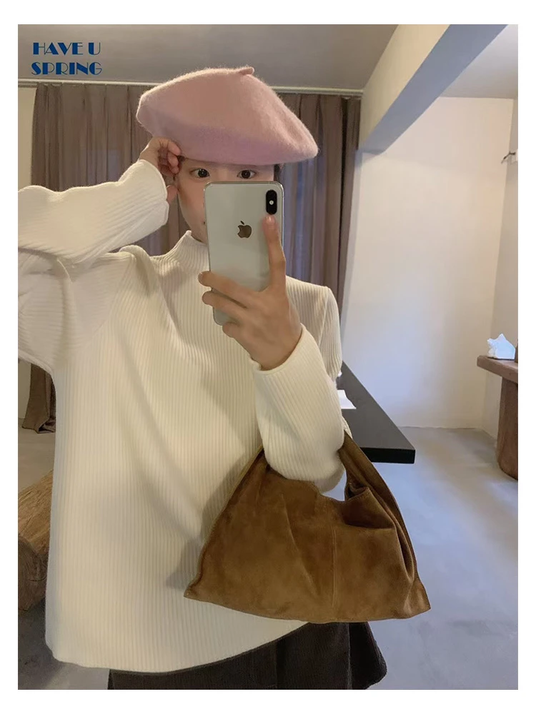 2024冬季韩国半高领针织衫羊毛一体绒细螺纹慵懒风