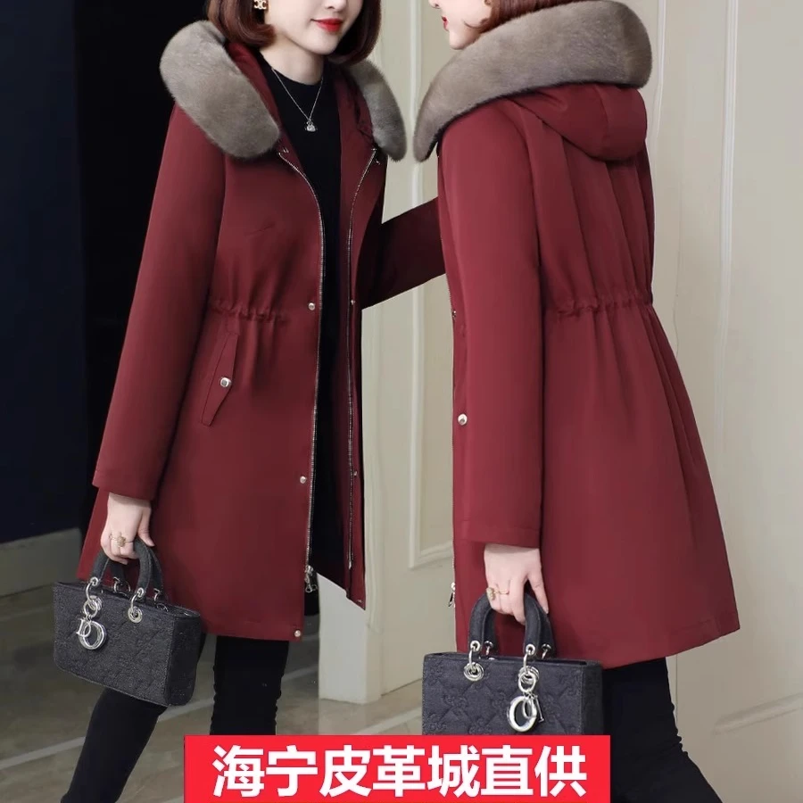 派克服女2024冬新款水貂毛领海宁皮草獭兔毛内胆可拆卸外套中长款