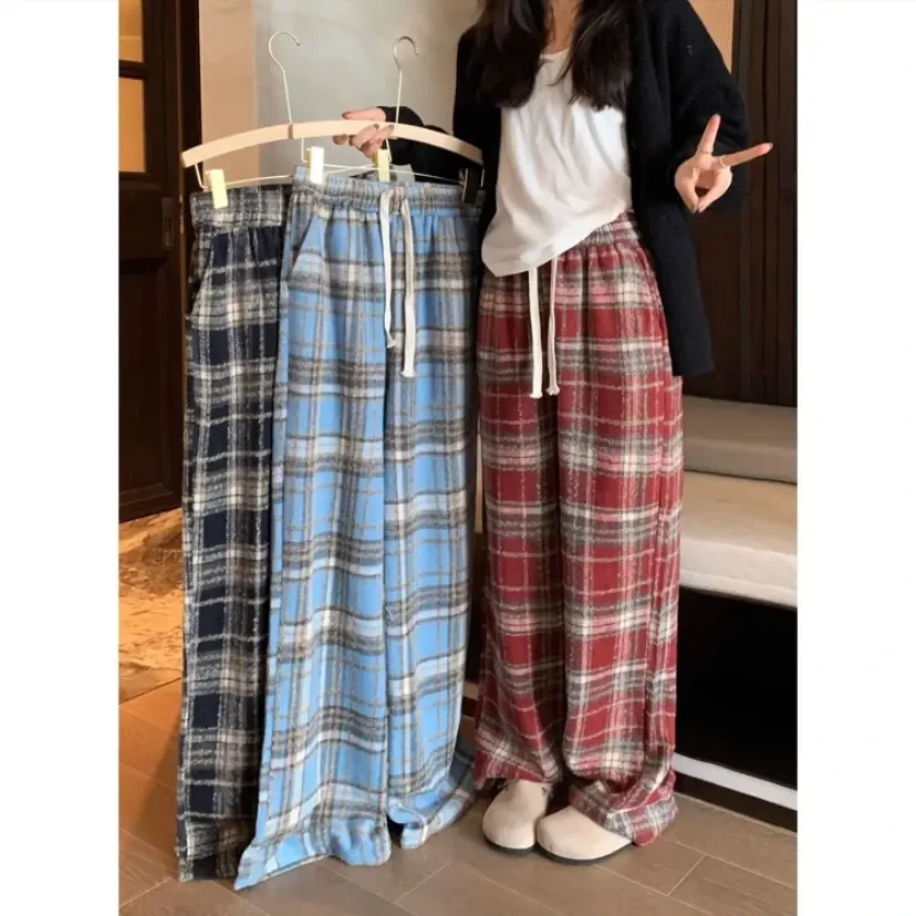 窄版加厚冬季毛呢格子！高个子175加长复古垂感直筒裤宽松高腰ins