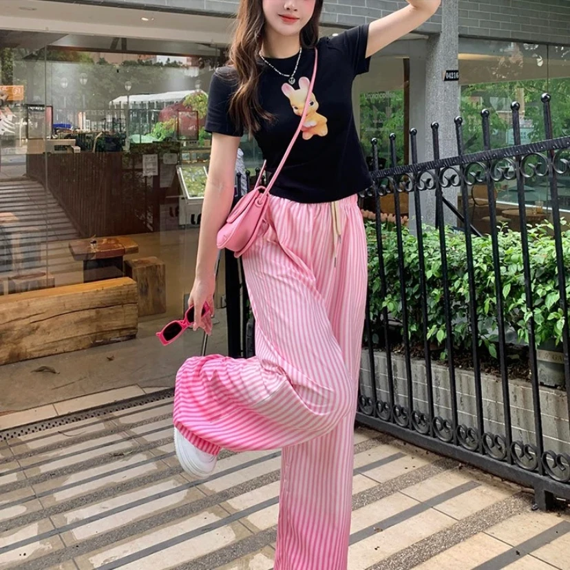 175高个子加长ins穿搭休闲裤女宽松撞色时髦阔腿裤秋季渐变粉色裤
