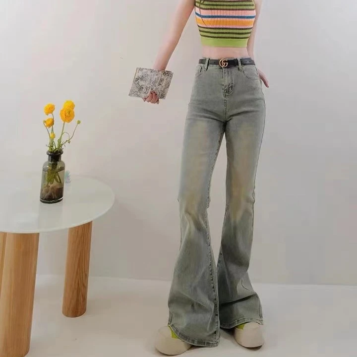 高个子175加长版复古微喇叭黄泥色牛仔裤女美式高辣妹裤子2024款