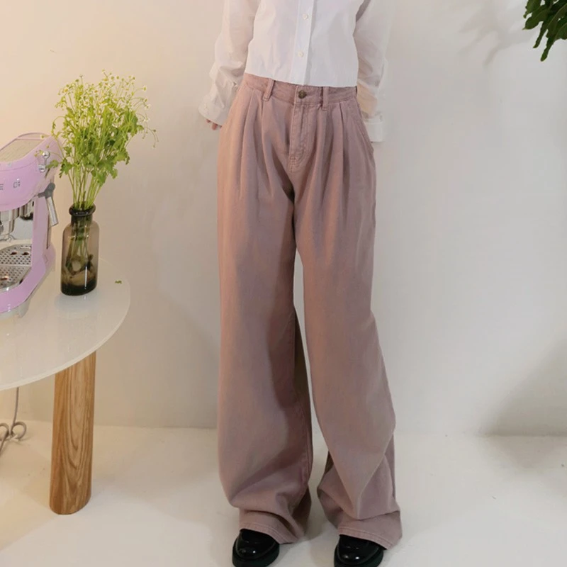 175高个子加长脏粉色牛仔裤女2023春夏宽松褶皱显瘦直筒阔腿裤女