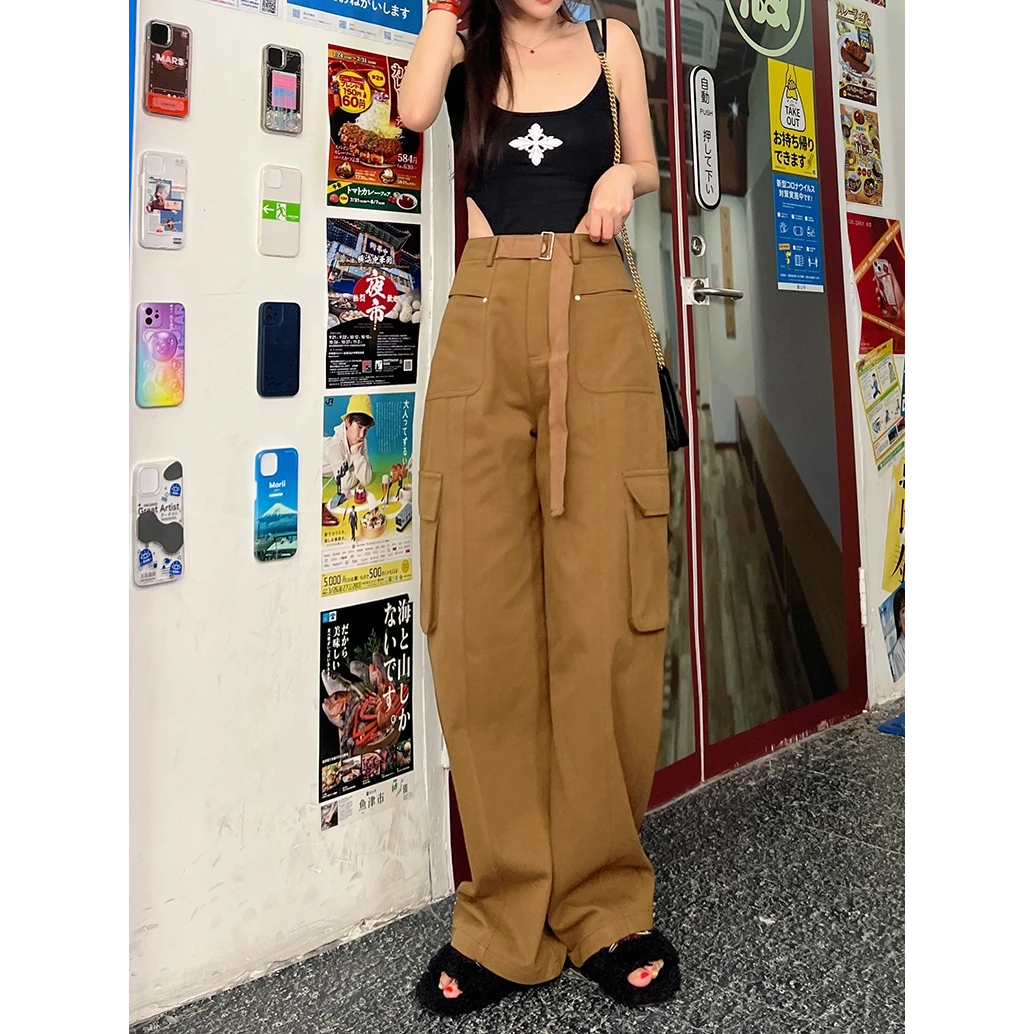 175高个子加长复古街头百搭多口袋工装裤女腰带宽松休闲阔腿裤