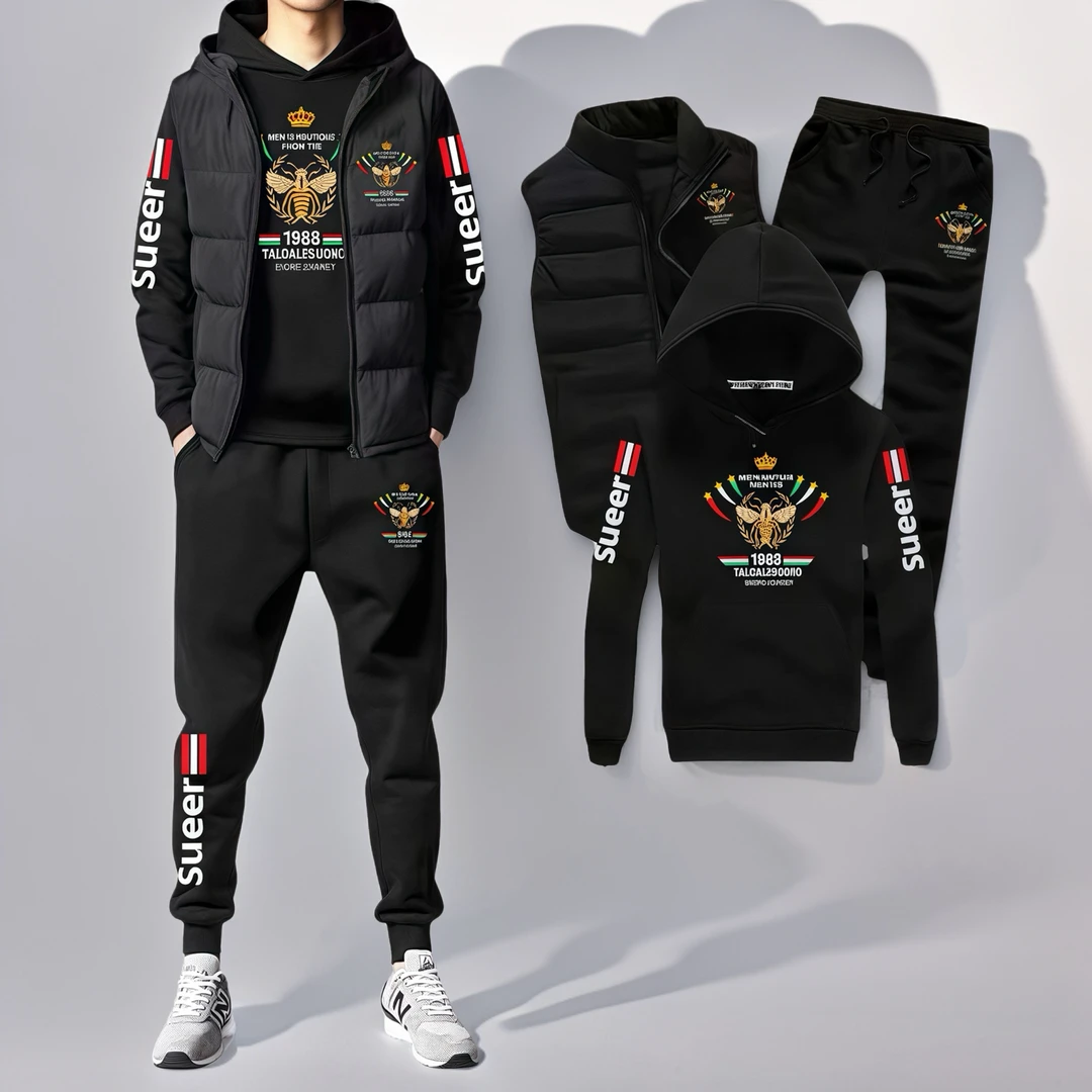 秋冬马甲连帽卫衣三件套加绒加厚男士中青少年休闲宽松潮流套装