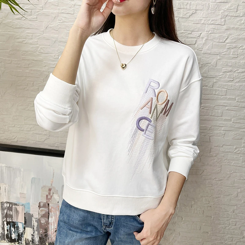 刺绣字母圆领白色无帽卫衣女2022春秋新款韩版宽松套头上衣JM810