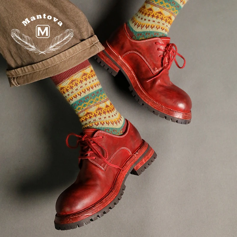 曼托瓦马皮马臀皮手工女鞋低帮皮鞋圆头真皮米其林底做旧