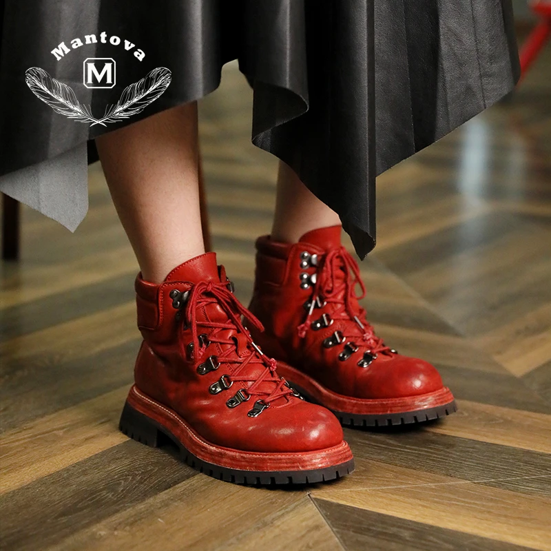 曼托瓦米其林防滑底马丁靴女鞋真皮马皮红色女靴高能感登山鞋
