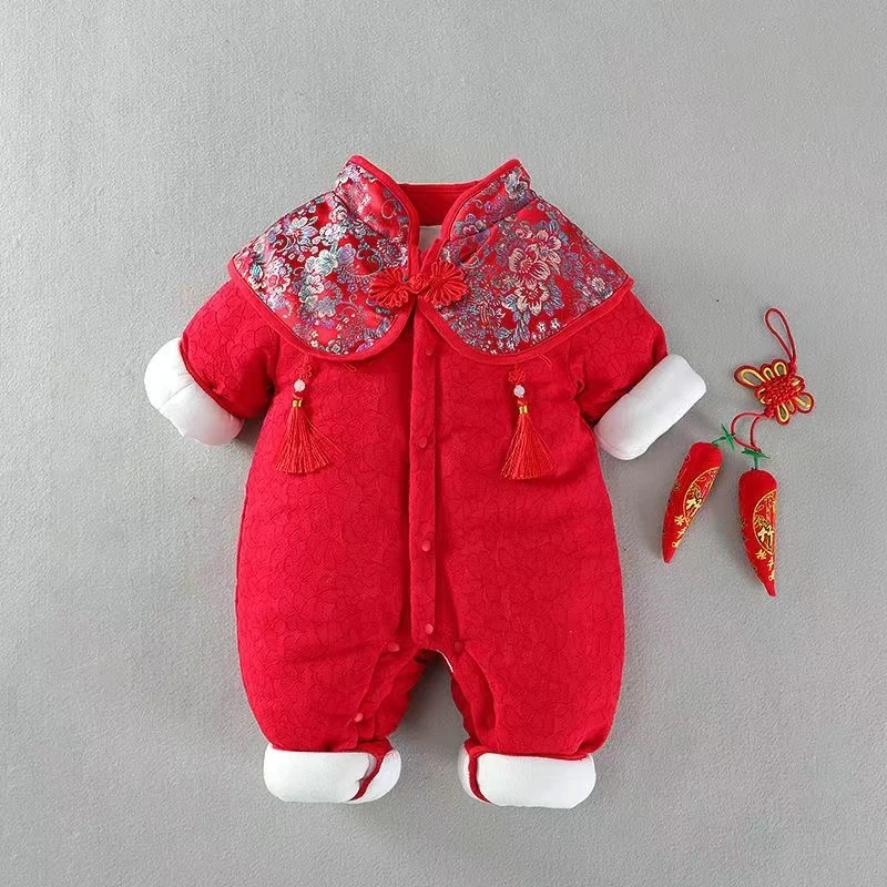中国风婴儿连体衣冬季加绒加厚外出服男女宝宝棉衣红色拜年服