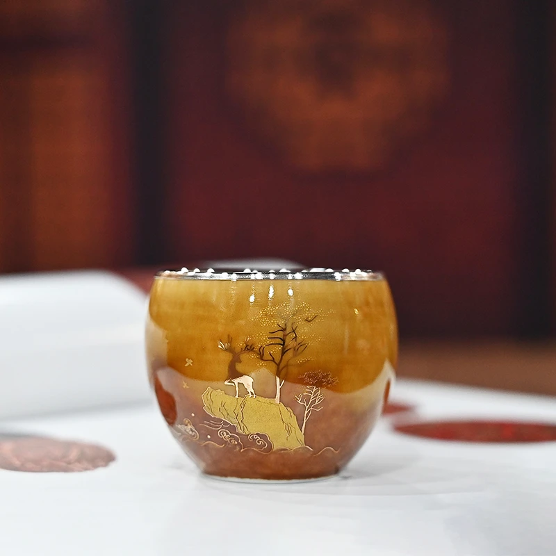 大器银壶足银999茶杯银杯瓷包银主人杯金杏麋鹿高档个人功夫茶杯