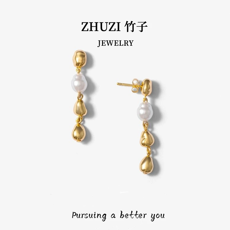 铜合金仿珍珠耳饰 小金豆耳坠女气质长款耳钉高级感耳饰手工时尚