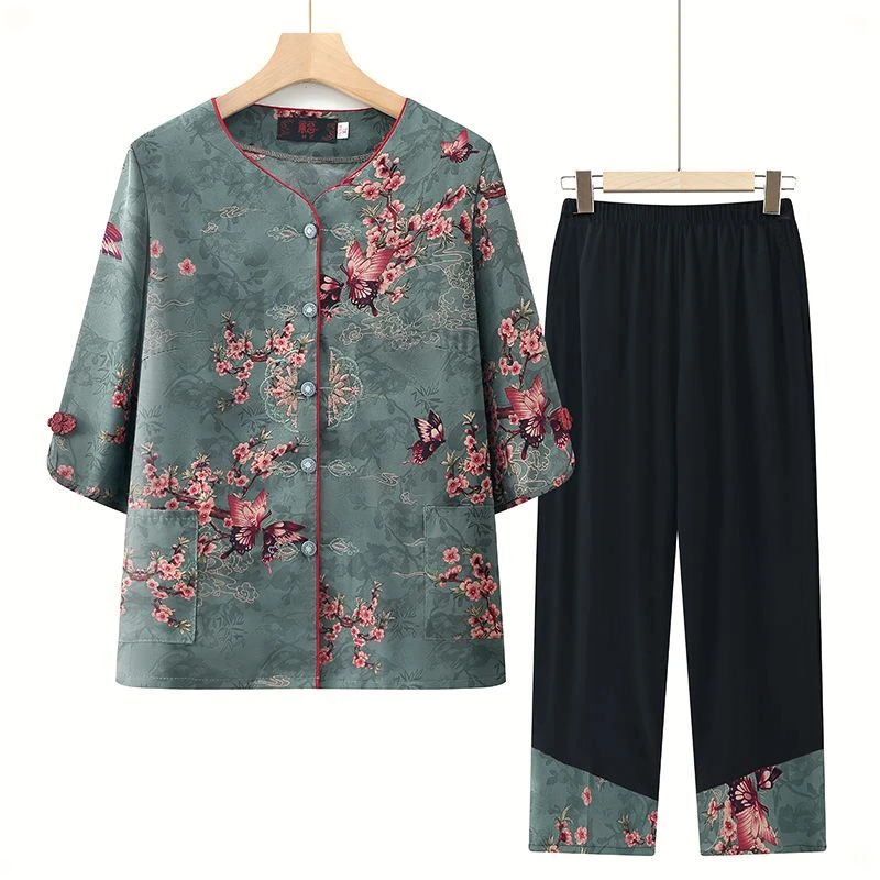 妈妈国风套装中老年女装短袖两件套奶奶夏季套装60岁70老太太宽松