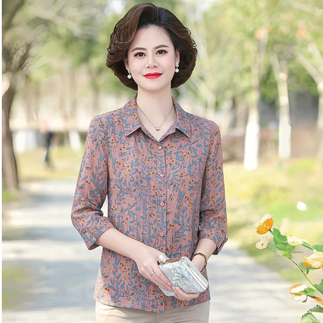 小个子偏瘦妈妈装夏装衬衫时尚翻领老人女装衬衣中老年女装宽松