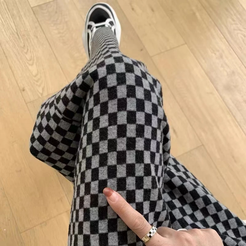2206绵羊毛秋冬棋盘格阔腿裤女宽松格子高腰休闲裤直筒裤2023新款
