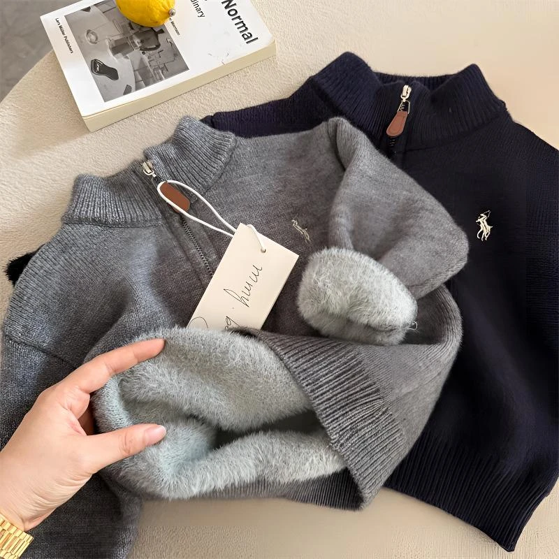 儿童加绒加厚毛衣2025冬男女童刺绣高领针织衫宝宝一体绒套头衫厚