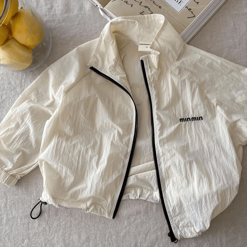 儿童防晒衣2024韩版夏款男女童纯色长袖外套宝宝日系绣标拉链上衣