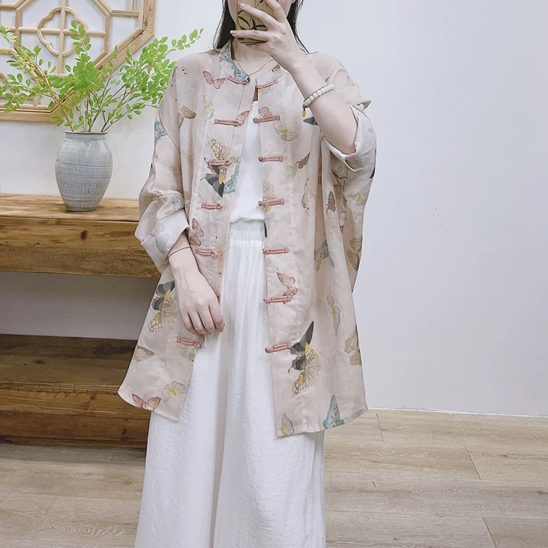 【蝴蝶】新中式印花盘扣苎麻衬衫对襟复古宽松廓形防晒服开衫51246