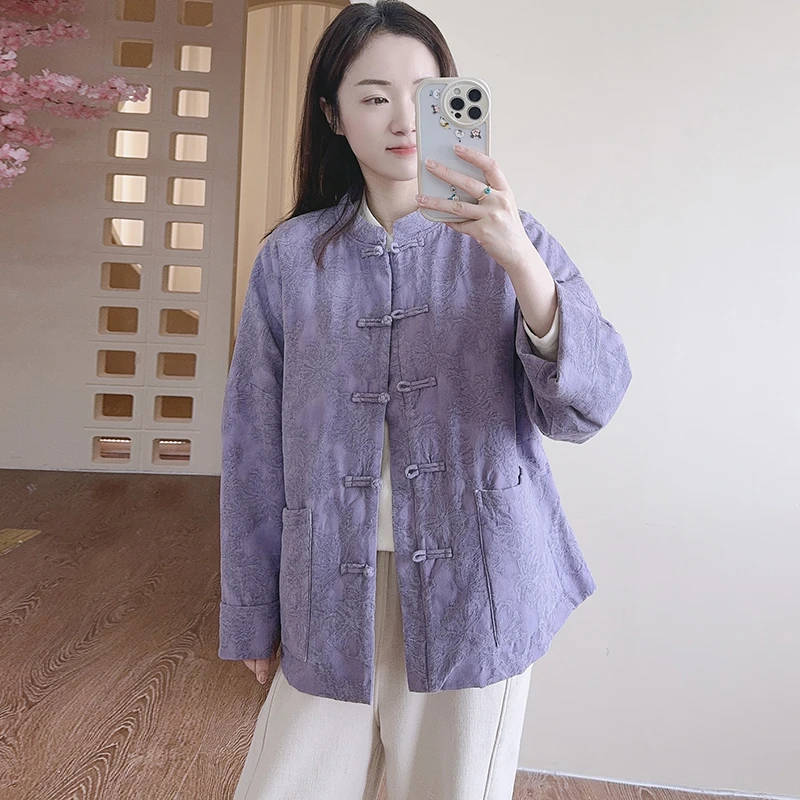 【暮山紫】亚麻棉提花复古国风盘扣宽松廓形棉衣外套 51909