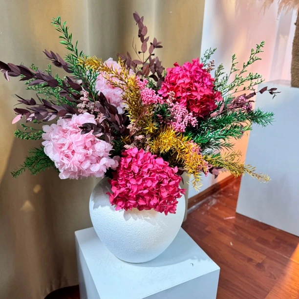 白陶磨砂款【幸福花园】元旦迎新绣球永生花新中式餐桌客厅花