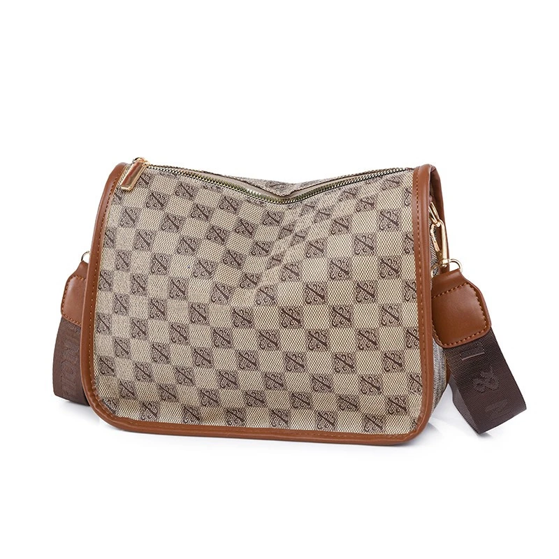 挎包时尚复古棕色中古单肩肩包休闲包圆筒棋盘格女士大号经典格子