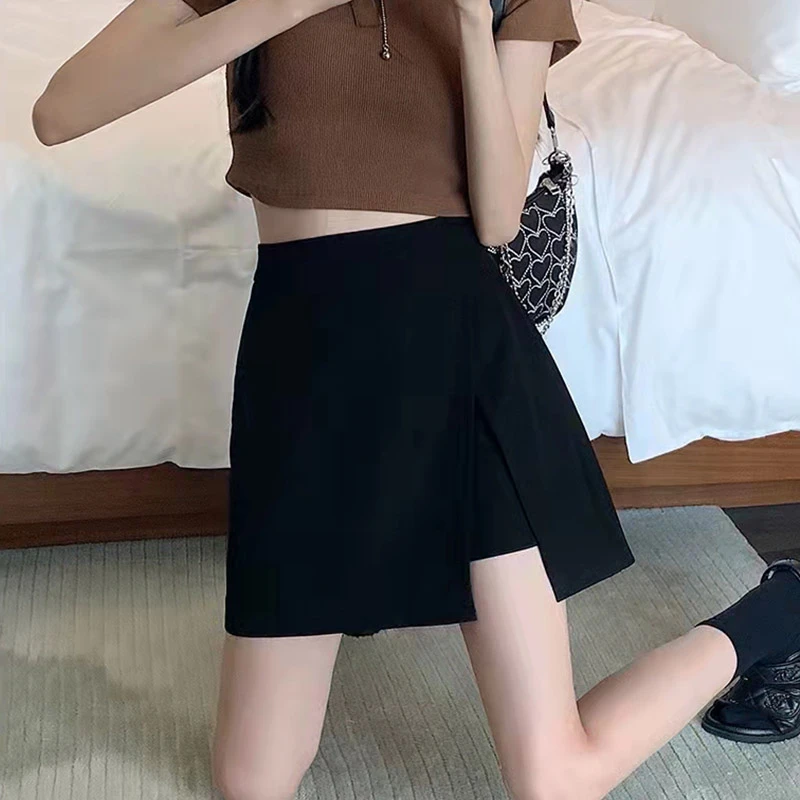 不规则开叉半身裙女夏季薄款高腰a字安全防走光黑色裙子西装短裙