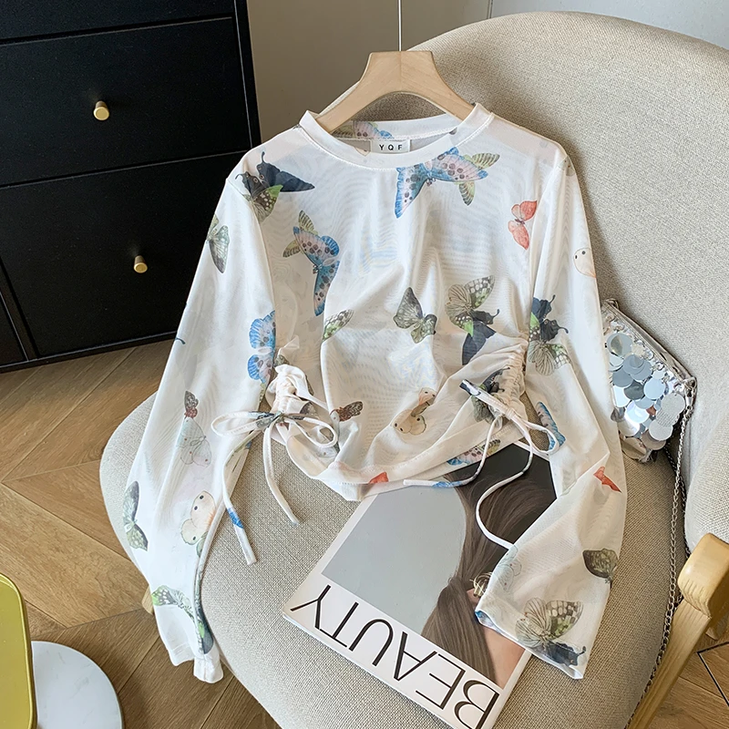 新品夏季新款ins设计感时尚女衫小众防晒衣抽绳T恤长袖防晒罩衫女