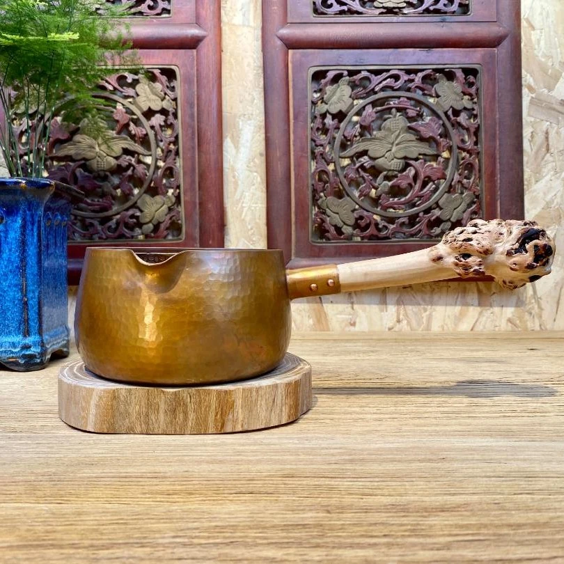 1.2L大号煮茶器煮奶罐罐 紫铜锤纹火烤色手工大口户外家用木把
