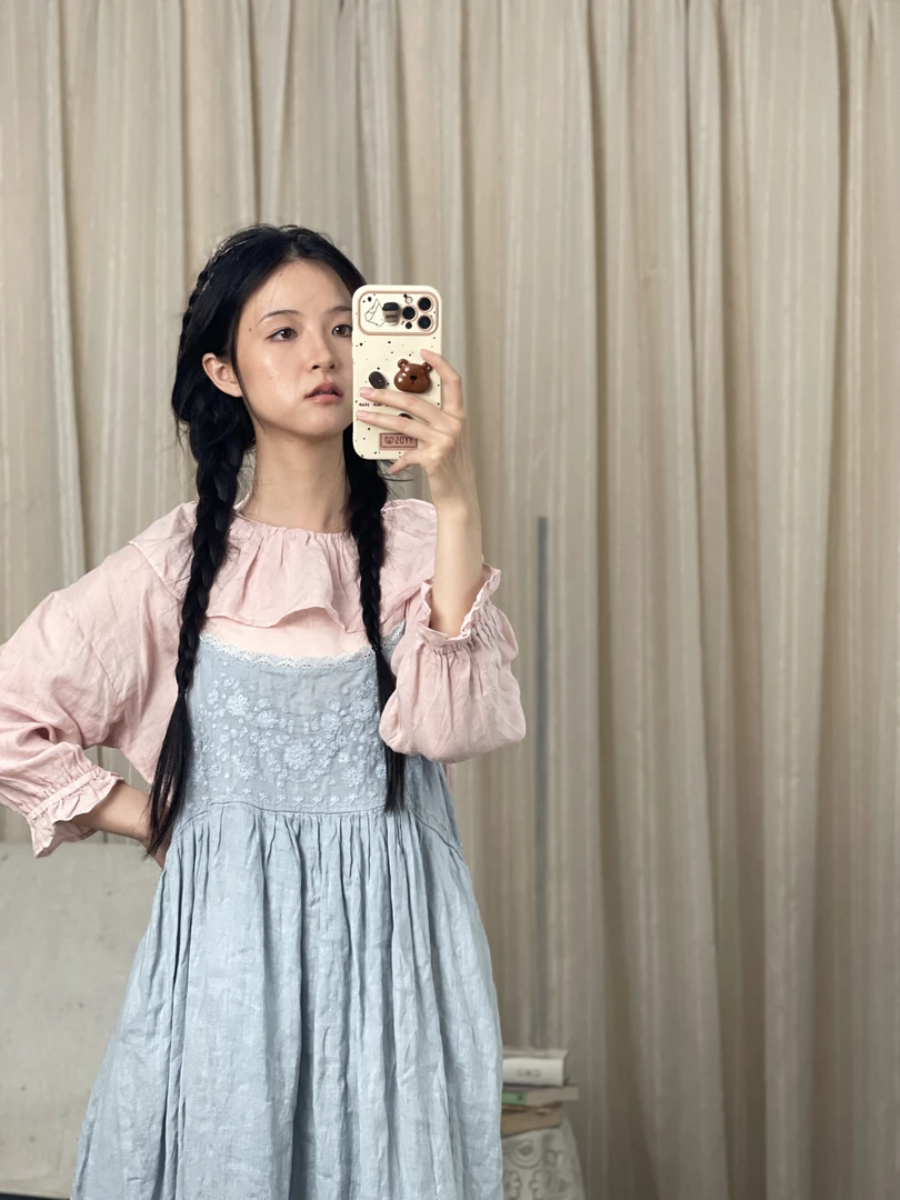 CHEN｜【雾山】水蓝清冷64支苎麻吊带裙叠穿刺绣