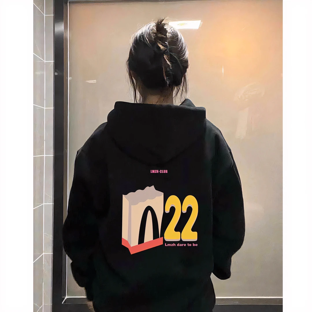 美式潮牌高街黑色连帽卫衣女2023早秋新款宽松bf慵懒卡通印花外套