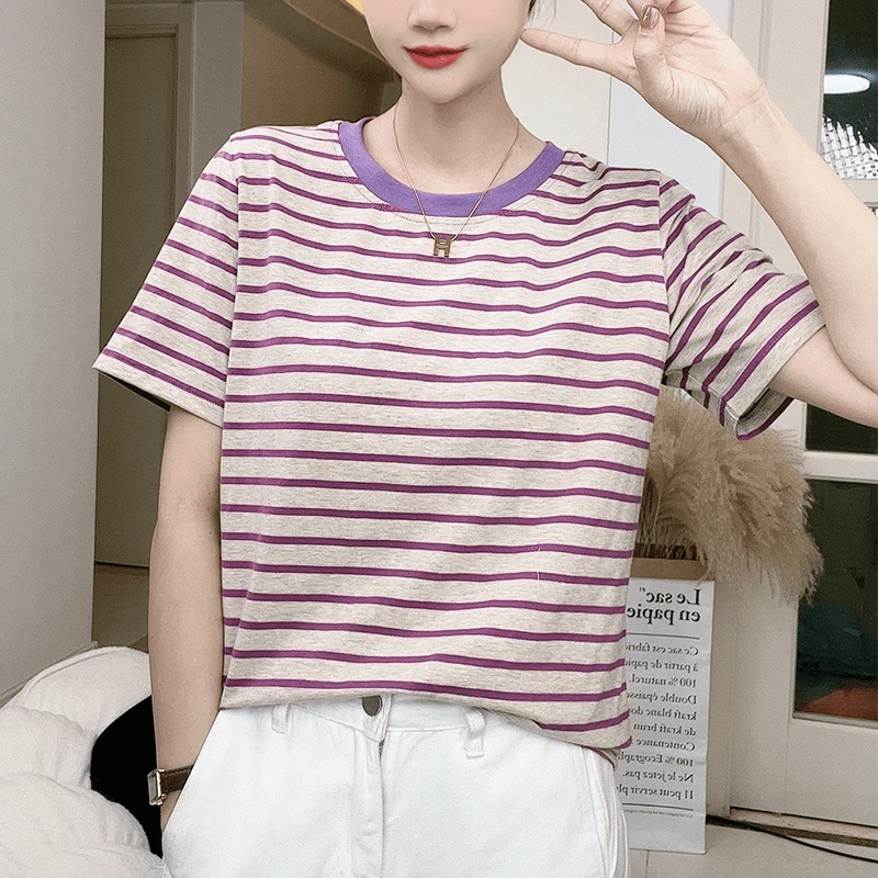复古色纯棉条纹短袖t恤减龄款撞色领休闲女款夏季百搭上衣