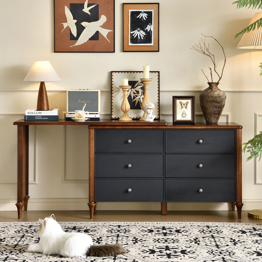 黑色复古轻奢梳妆台斗柜一体法式实木化妆桌美式中古风卧室高级柜