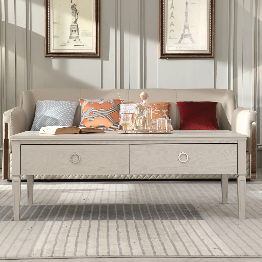 美式全实木茶几现代简约家用小户型客厅长方形四抽茶桌储物茶几